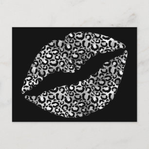 Postal Labios de leopardo negro y plateado Besos con lápi