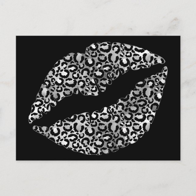 Postal Labios de leopardo negro y plateado Besos con lápi (Anverso)