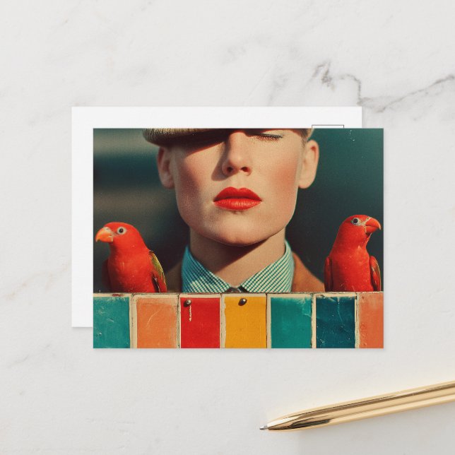 Postal Labios rojos y loros rojos (Anverso/Reverso In Situ)