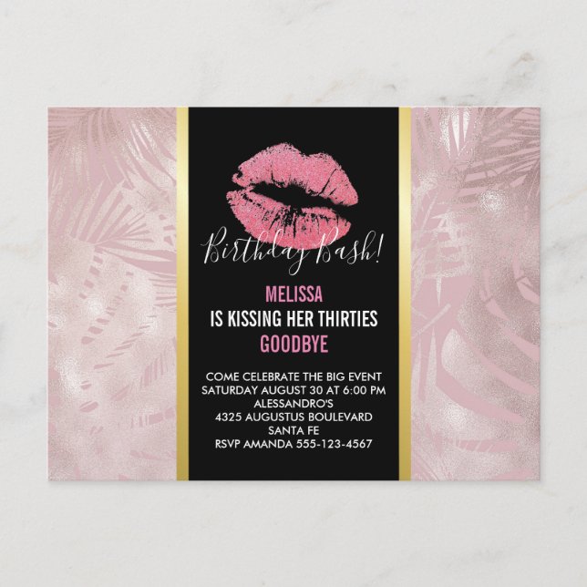 Postal Labios rosados y hojas tropicales de oro Rosa Cump (Anverso)