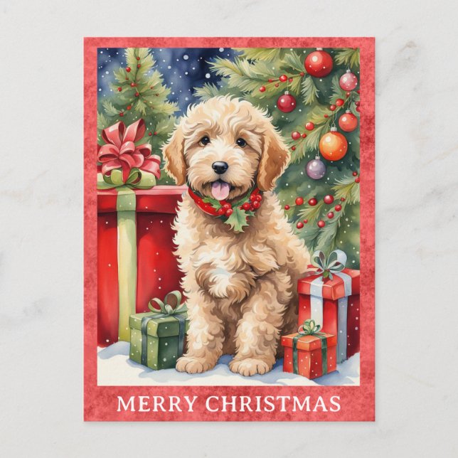 Postal Labradoodle Merry Christmas Cute cachorro perro (Anverso)
