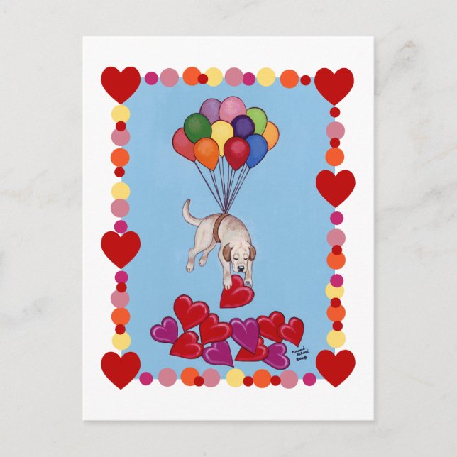 Postal Labrador amarillo coleccionando AMOR (enmarcado) (Anverso)