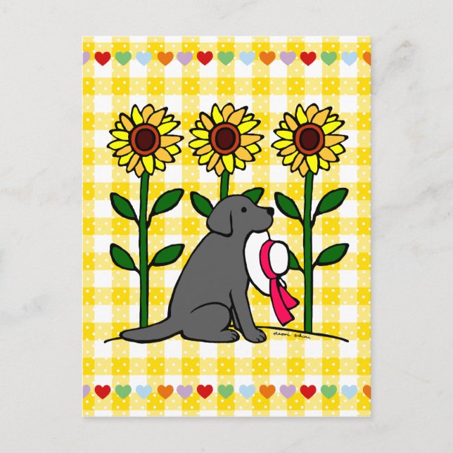 Postal Labrador negro de verano con girasoles (Anverso)