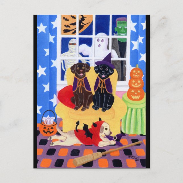 Postal ¡Labradores de la fiesta de Halloween! (Anverso)