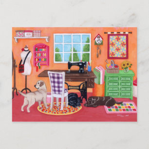 Postal Labradores en la sala de coser de mamá