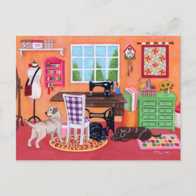 Postal Labradores en la sala de coser de mamá (Anverso)