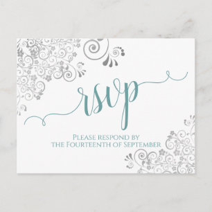 Postal Lacy Calligraphy Boda Verde azulada y Blanca RSVP