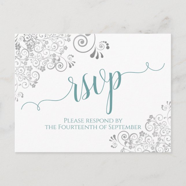 Postal Lacy Calligraphy Boda Verde azulada y Blanca RSVP (Anverso)