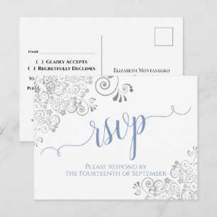 Postal Lacy Calligraphy Light Blue en la boda blanca RSVP