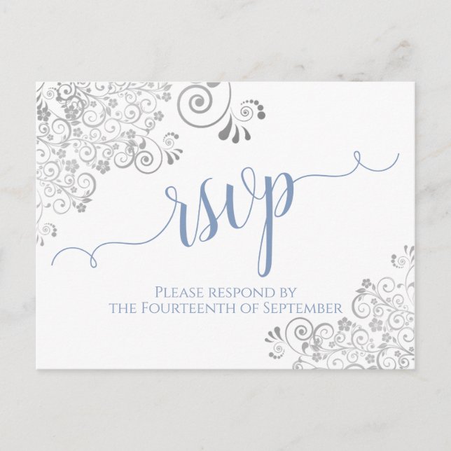 Postal Lacy Calligraphy Light Blue en la boda blanca RSVP (Anverso)