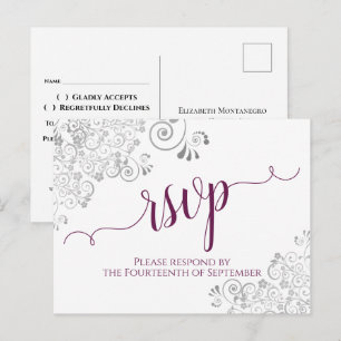 Postal Lacy Calligraphy Magenta y White Wedding RSVP