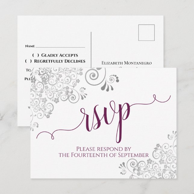 Postal Lacy Calligraphy Magenta y White Wedding RSVP (Anverso / Reverso)