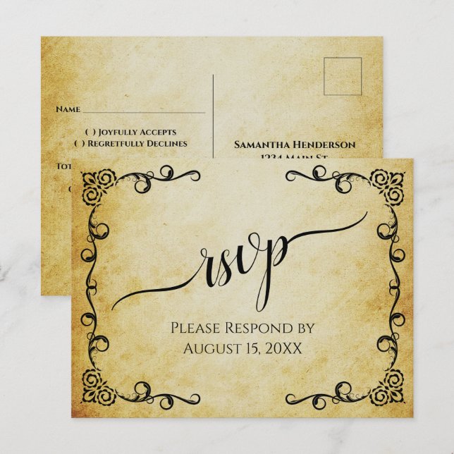 Postal Lacy Calligraphy Vintage Parchment Wedding RSVP (Anverso / Reverso)
