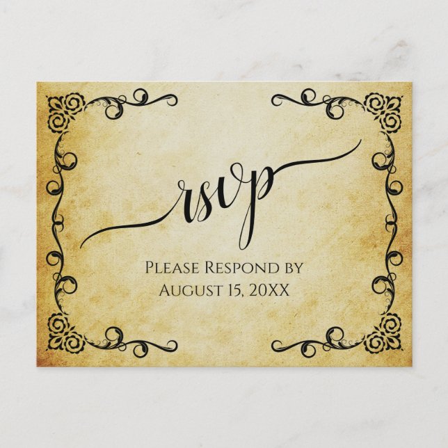 Postal Lacy Calligraphy Vintage Parchment Wedding RSVP (Anverso)