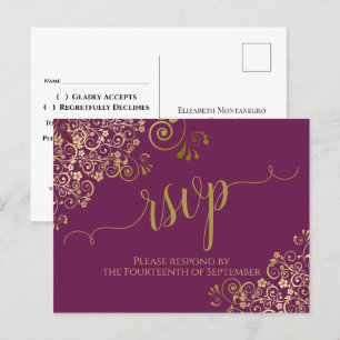 Postal Lacy Gold Caligrafía Cassis Boda púrpura RSVP