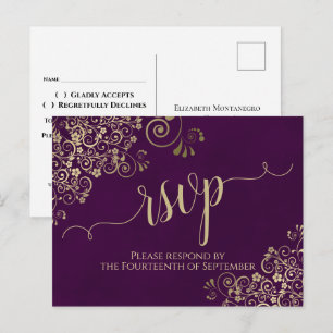 Postal Lacy Gold Caligrafía Elegant Purple Wedding RSVP