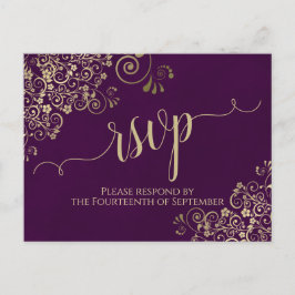 Postal Lacy Gold Caligrafía Elegant Purple Wedding RSVP