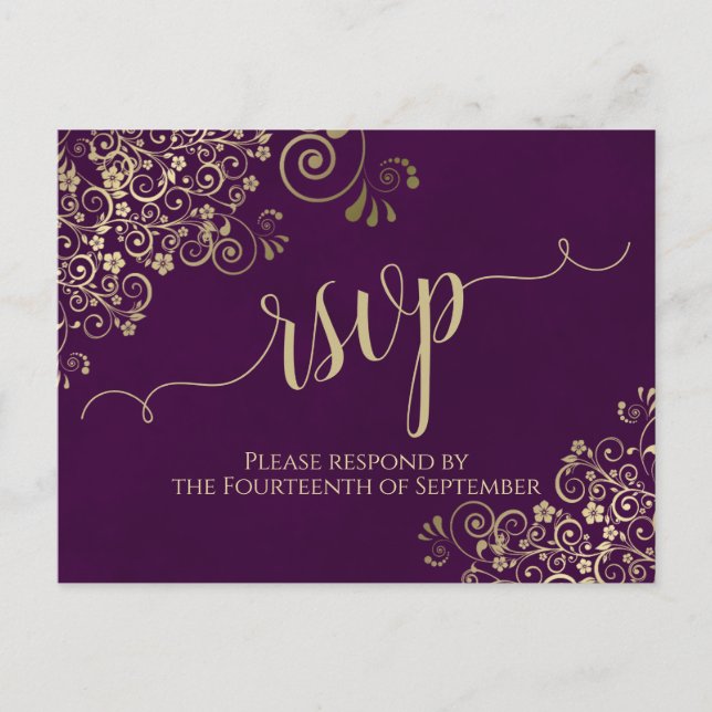 Postal Lacy Gold Caligrafía Elegant Purple Wedding RSVP (Anverso)