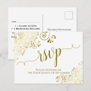 Postal Lacy Gold Caligrafía Elegante Boda Blanca RSVP