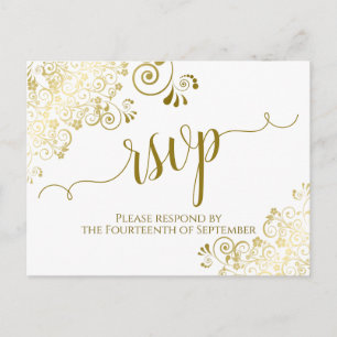 Postal Lacy Gold Caligrafía Elegante Boda Blanca RSVP