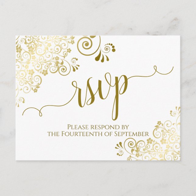 Postal Lacy Gold Caligrafía Elegante Boda Blanca RSVP (Anverso)