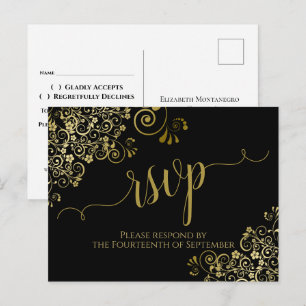 Postal Lacy Gold Caligrafía Elegante Boda Negra RSVP