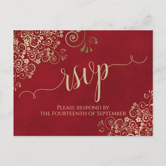 Postal Lacy Gold Caligrafía Elegante Boda Roja RSVP (Anverso)