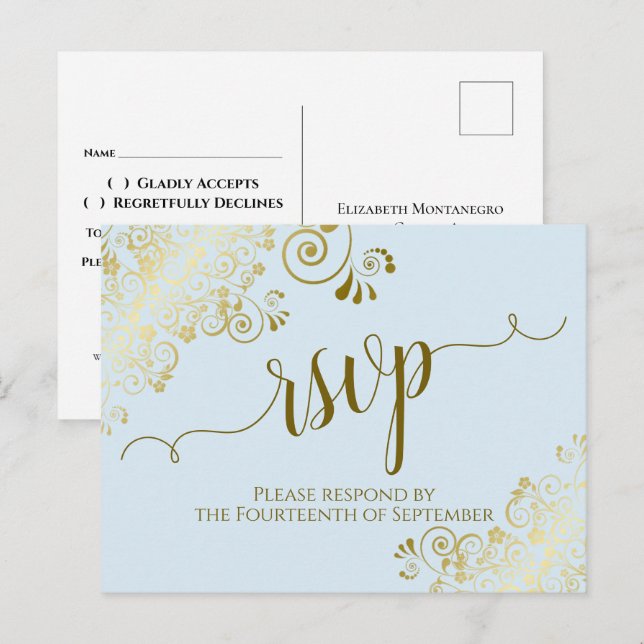 Postal Lacy Gold Caligrafía Polvo Boda Azul RSVP (Anverso / Reverso)