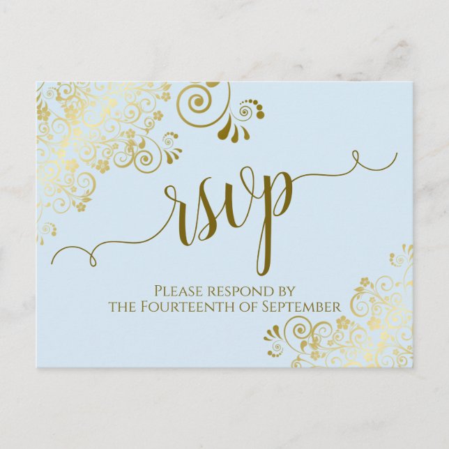 Postal Lacy Gold Caligrafía Polvo Boda Azul RSVP (Anverso)