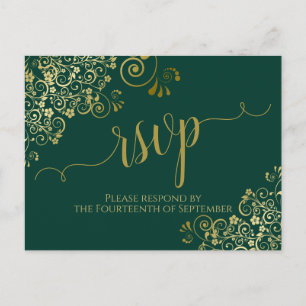 Postal Lacy Gold Caligraphy Emerald Green Wedding RSVP