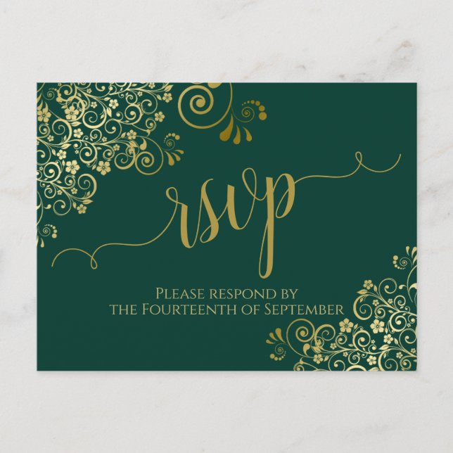 Postal Lacy Gold Caligraphy Emerald Green Wedding RSVP (Anverso)