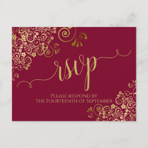 Postal Lacy Gold Calligraphy Burgundy Maroon Wedding RSVP