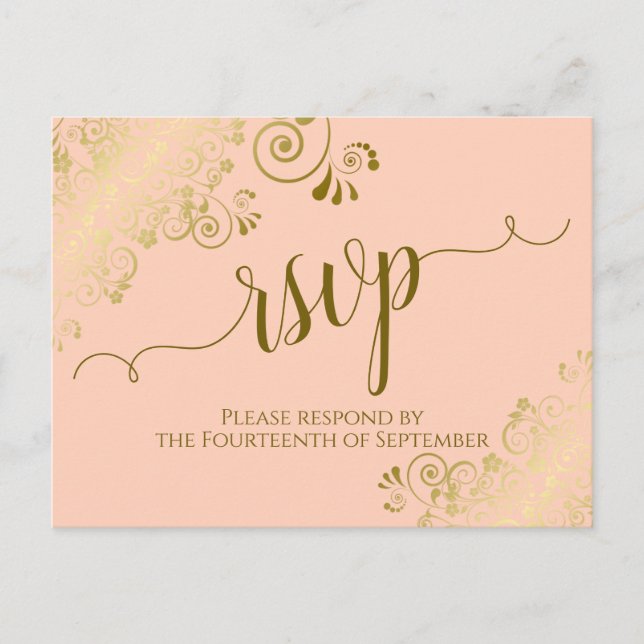 Postal Lacy Gold Calligraphy Coral Peach Wedding RSVP (Anverso)