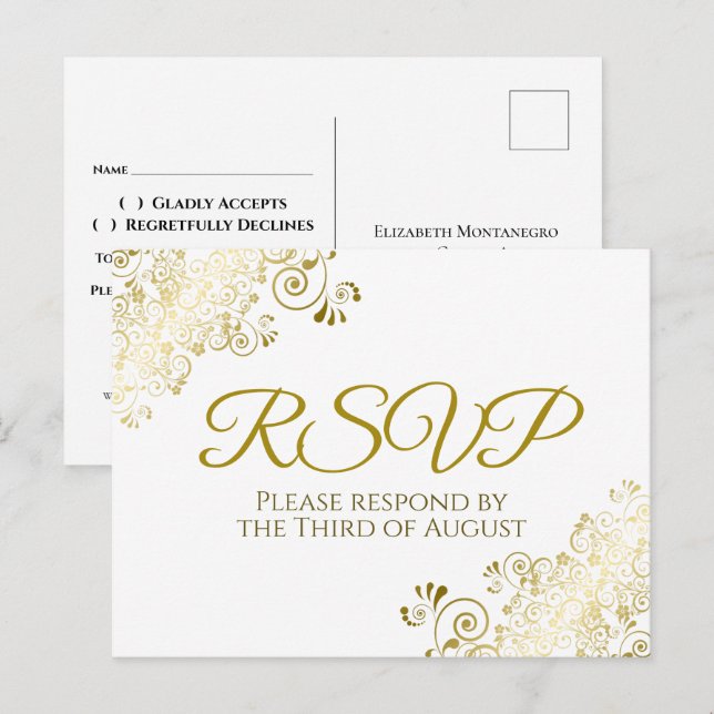 Postal Lacy Ornate Gold Filigree Elegant Wedding RSVP (Anverso / Reverso)