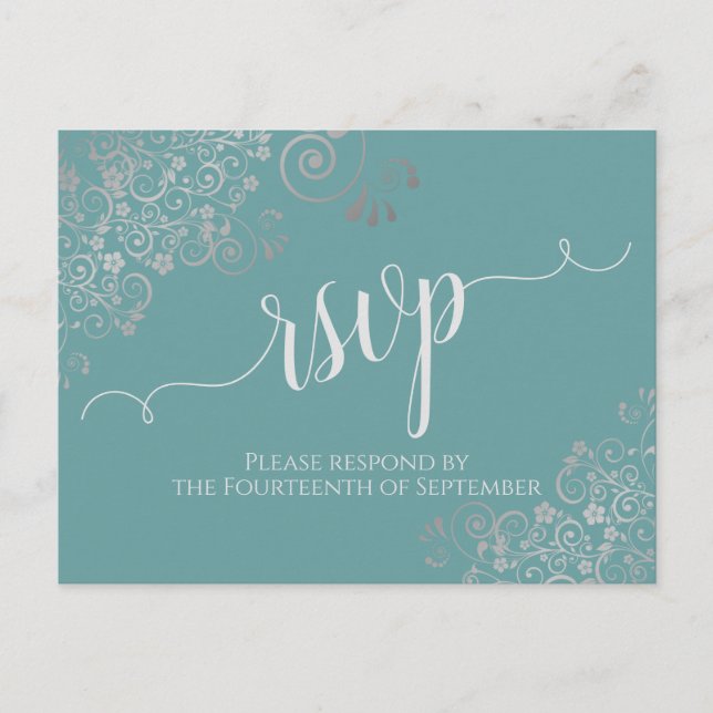 Postal Lacy Silver Caligrafía Boda Verde azulada RSVP (Anverso)