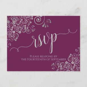 Postal Lacy Silver Caligrafía Cassis Boda púrpura RSVP
