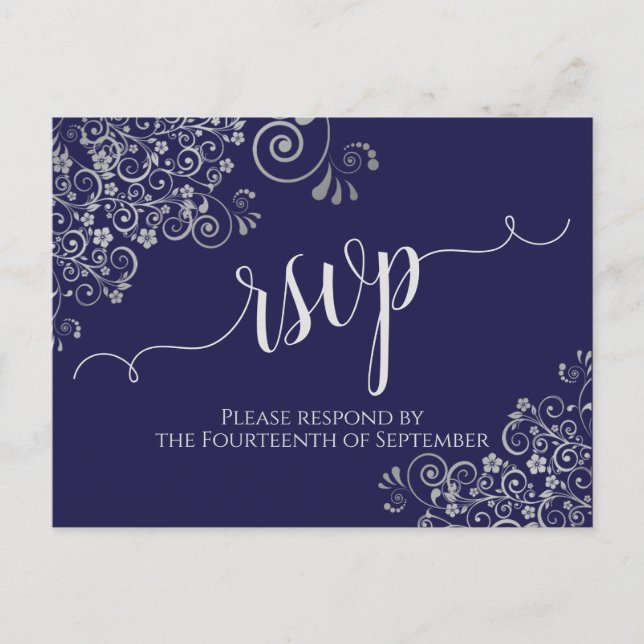 Postal Lacy Silver caligrafía Marina Boda azul RSVP (Anverso)