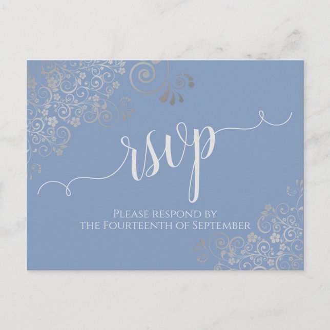 Postal Lacy Silver Caligrafía Matrimonio azul claro RSVP (Anverso)