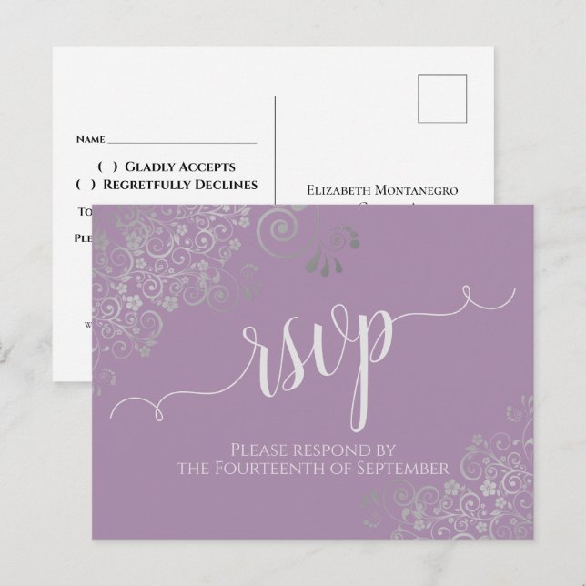 Postal Lacy Silver Caligraphy Lavender Wedding RSVP (Anverso / Reverso)