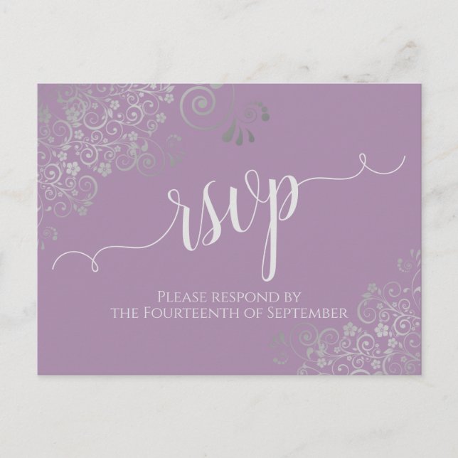 Postal Lacy Silver Caligraphy Lavender Wedding RSVP (Anverso)