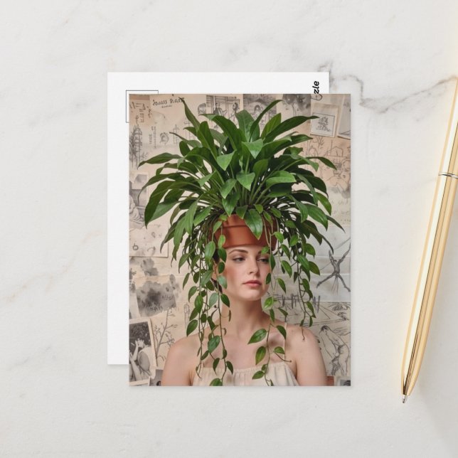 Postal  Lady and A Houseplant on her head  (Anverso/Reverso In Situ)