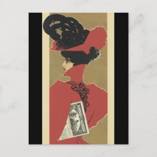 Postal Lady en rojo con plumas negras