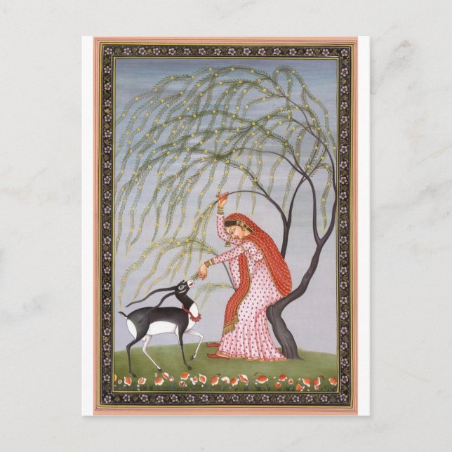 POSTAL LADY FEEDING ANTELOPE ANTIGUO ARTE DE INDIA (Anverso)