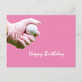 Postal Lady golfista sostiene la pelota de golf con guant
