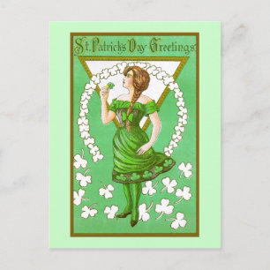 Postal Lady Holding Shamrock Vintage St Patricks Day