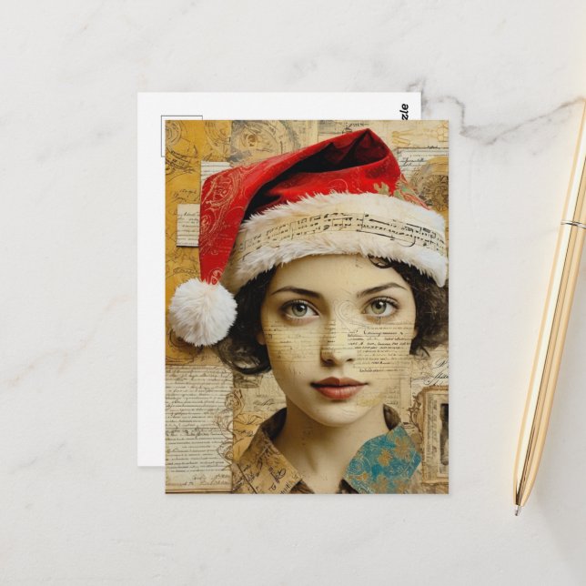 Postal Lady in a Santa Hat Mixed Media Collage (Anverso/Reverso In Situ)