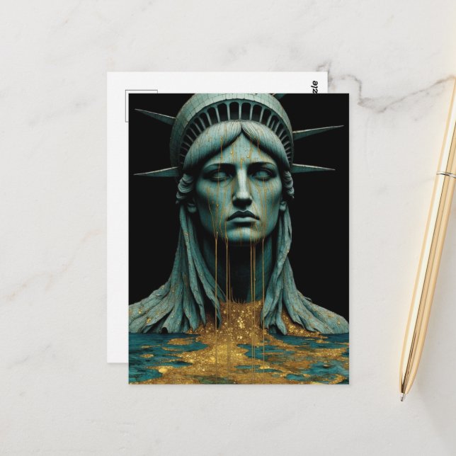 Postal Lady Liberty Cries Tears of Gold as She Melts Away (Anverso/Reverso In Situ)