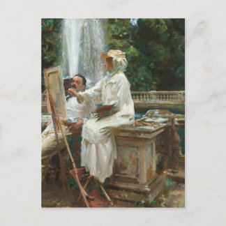 Postal Lady Pintando junto a una cascada
