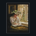 Postal Lady Reading by Window<br><div class="desc">Mujer victoriana con un gorra de moda sentada junto a una ventana leyendo. Mirando a través de la ventana se pueden ver rosas blandas de color rosa. Arte de Thomas Kinnington c1889.</div>