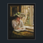 Postal Lady Reading by Window<br><div class="desc">Mujer victoriana con un gorra de moda sentada junto a una ventana leyendo. Mirando a través de la ventana se pueden ver rosas blandas de color rosa. Arte de Thomas Kinnington c1889.</div>
